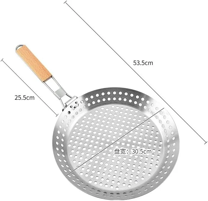 تابه گریل استیل ضد زنگ بافنجی با سوراخ، تابه سرخ کردنی باربیکیو نچسب، تابه گریل نچسب، تابه گریل استیل ضد زنگ 430، تابه باربیکیو با دسته چوبی تاشو