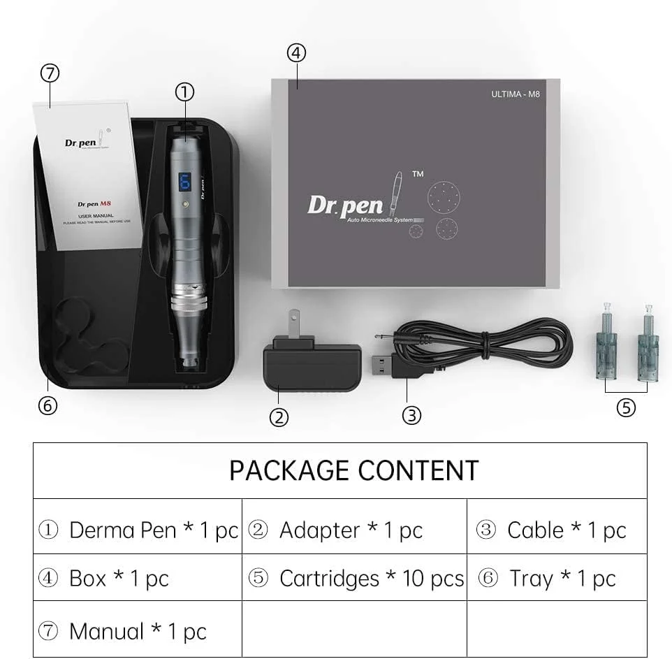 کیت میکرونیدلینگ بی سیم دکتر پن مدل M8 برای جای زخم آکنه، رشد مو و لکه های تیره، 6 سرعته با باتری داخلی و ده کارتریج 36 پین
