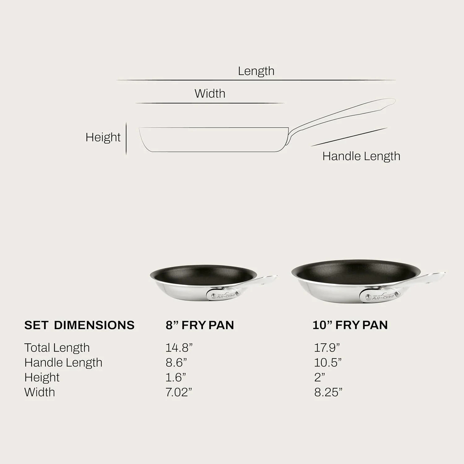 ست تابه نچسب استیل ضد زنگ آل-کلاد پرو – تابه‌های 8 و 10 اینچی، سازگار با اجاق‌های القایی، قابل استفاده در فر و گریل تا دمای 260 درجه سانتیگراد، ظروف پخت و پز حرفه‌ای، نقره‌ای
