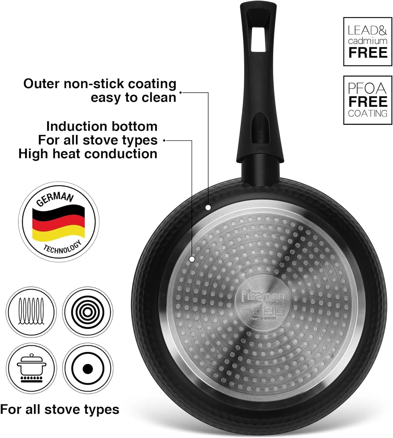 تابه فیسمن سایز 20 سانتی متر، تابه آلومینیومی نچسب سری Favorite | پوشش Greblon G2 تکنولوژی آلمان | سازگار با اجاق القایی | دسته باکالیت | تابه با طراحی چکش کاری شده