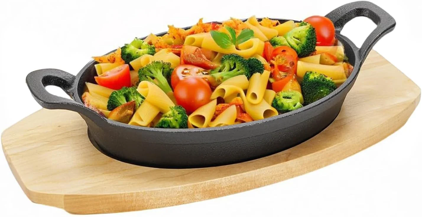 ست تابه فاهیتای چدنی Angju، صفحه داغ ۲۴ در ۱۷ سانتیمتر با پایه چوبی، ظروف کوچک بیضی شکل، تابه چدنی پیتزا و استیک برای اجاق گاز، فر، گریل ست تابه فاهیتای چدنی Angju، صفحه داغ ۲۴ در ۱۷ سانتیمتر با پایه چوبی، ظروف کوچک بیضی شکل، تابه چدنی پیتزا و استیک برای اجاق گاز، فر، گریل