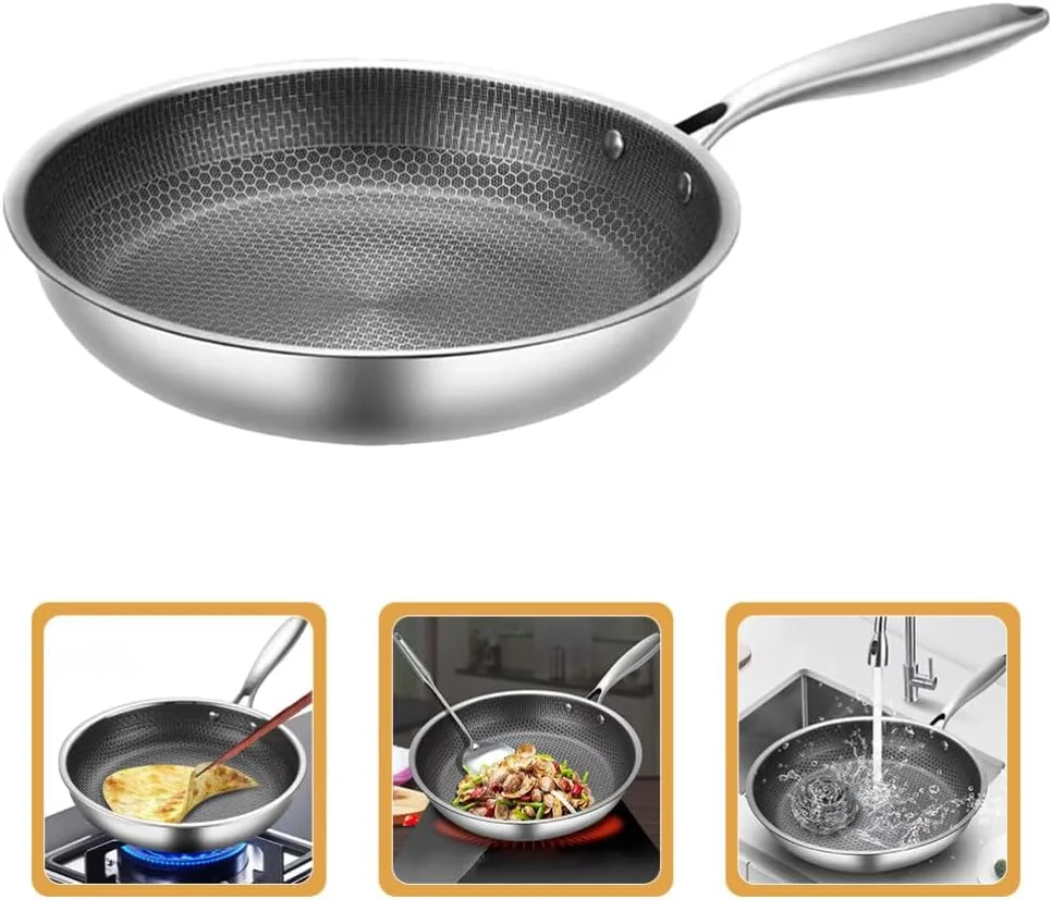 تابه نچسب آموس فان با پوشش لانه زنبوری، تابه املت تخت، تابه وک، تابه سرخ کردنی، تابه گریل، ظروف پخت و پز استیل ضد زنگ