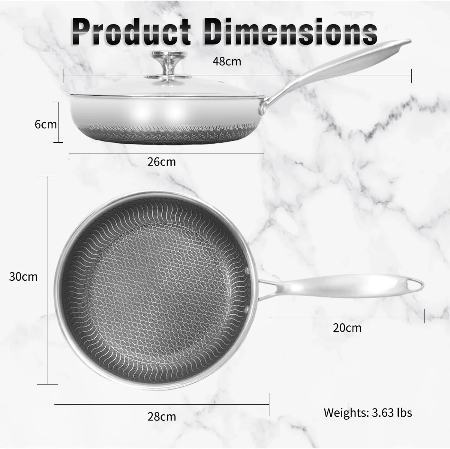 تابه نچسب آنجو با درب، تابه سرخ کن استیل ضد زنگ 28 سانتی متری با حکاکی لانه زنبوری، دسته خنک شونده، قابلمه قابل شستشو در ماشین ظرفشویی، تابه وک سازگار با همه اجاق گازها