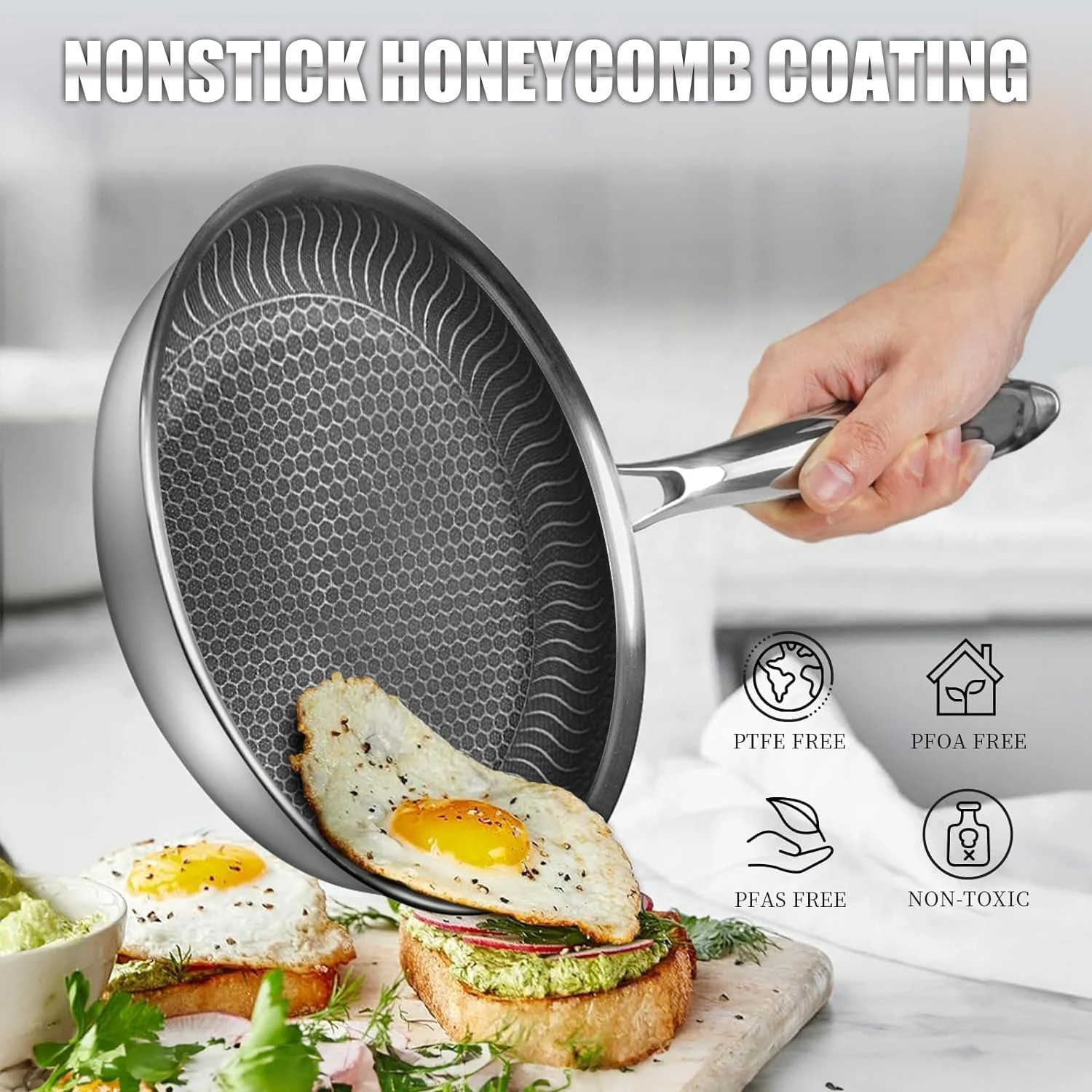 تابه نچسب آنجو با درب، تابه سرخ کن استیل ضد زنگ 28 سانتی متری با حکاکی لانه زنبوری، دسته خنک شونده، قابلمه قابل شستشو در ماشین ظرفشویی، تابه وک سازگار با همه اجاق گازها