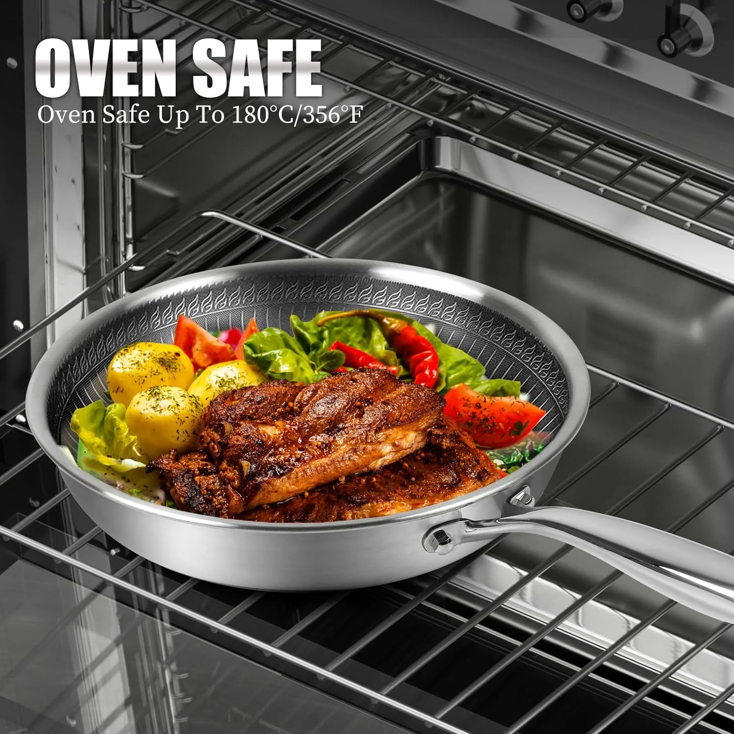 تابه نچسب آنجو با درب، تابه سرخ کن استیل ضد زنگ 28 سانتی متری با حکاکی لانه زنبوری، دسته خنک شونده، قابلمه قابل شستشو در ماشین ظرفشویی، تابه وک سازگار با همه اجاق گازها