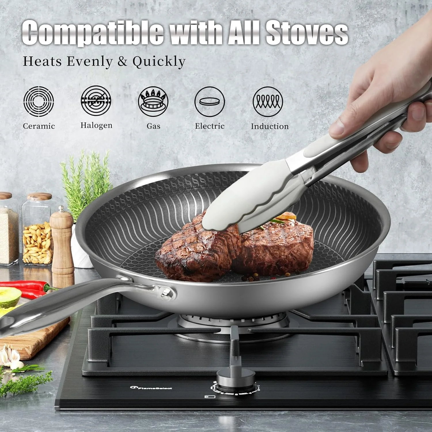 تابه نچسب آنجو با درب، تابه سرخ کن استیل ضد زنگ 28 سانتی متری با حکاکی لانه زنبوری، دسته خنک شونده، قابلمه قابل شستشو در ماشین ظرفشویی، تابه وک سازگار با همه اجاق گازها