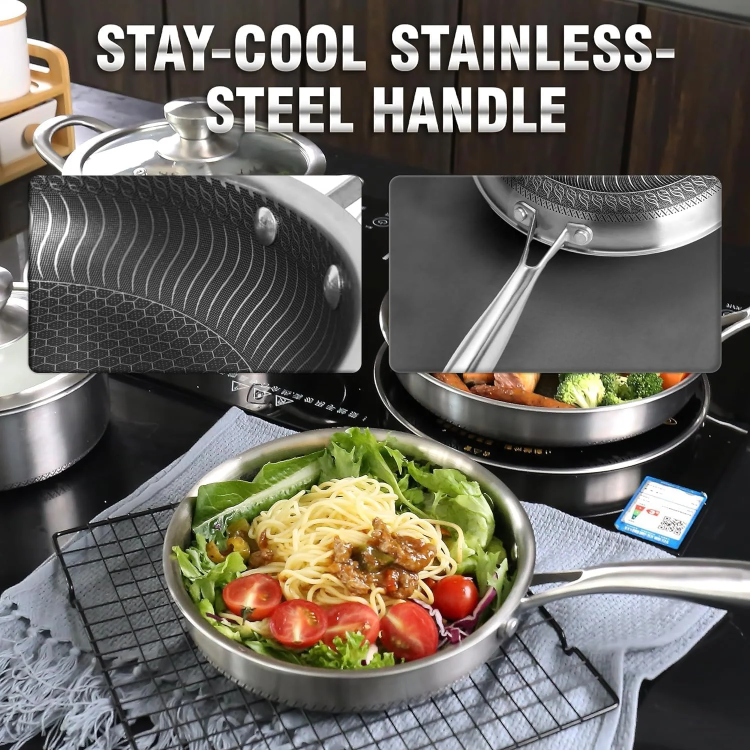 تابه نچسب آنجو با درب، تابه سرخ کن استیل ضد زنگ 28 سانتی متری با حکاکی لانه زنبوری، دسته خنک شونده، قابلمه قابل شستشو در ماشین ظرفشویی، تابه وک سازگار با همه اجاق گازها