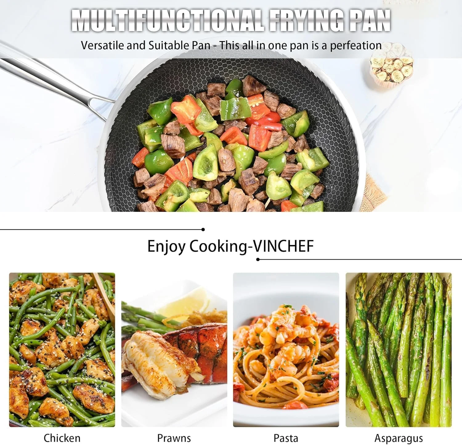 تابه نچسب آنجو با درب، تابه سرخ کن استیل ضد زنگ 28 سانتی متری با حکاکی لانه زنبوری، دسته خنک شونده، قابلمه قابل شستشو در ماشین ظرفشویی، تابه وک سازگار با همه اجاق گازها