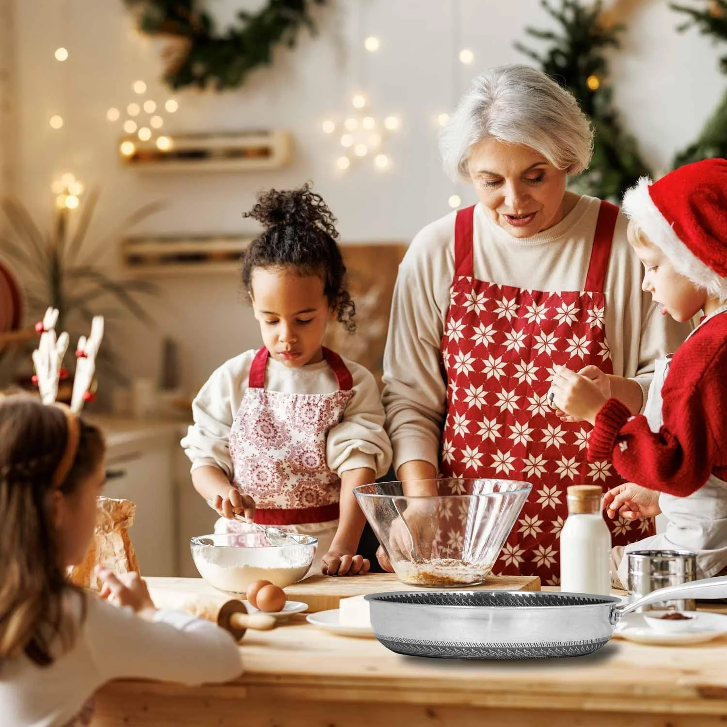 تابه نچسب آنجو با درب، تابه سرخ کن استیل ضد زنگ 28 سانتی متری با حکاکی لانه زنبوری، دسته خنک شونده، قابلمه قابل شستشو در ماشین ظرفشویی، تابه وک سازگار با همه اجاق گازها