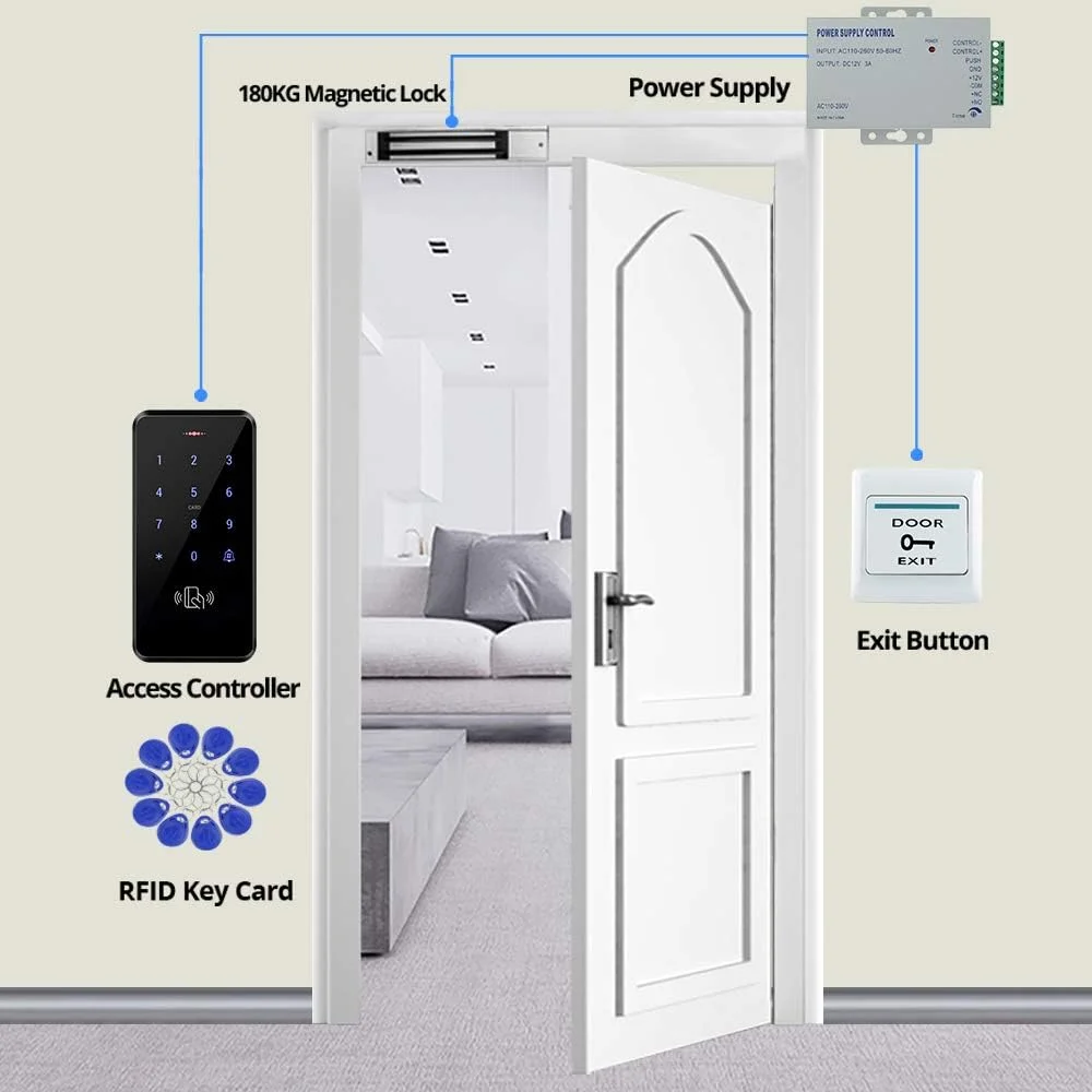 کیت سیستم کنترل دسترسی درب ضد آب HFeng IP68، صفحه کلید کنترل دسترسی RFID با پنل لمسی + قفل مغناطیسی برقی 180 کیلوگرمی + منبع تغذیه + 10 عدد جاسوئیچی کیت سیستم کنترل دسترسی درب ضد آب HFeng IP68، صفحه کلید کنترل دسترسی RFID با پنل لمسی + قفل مغناطیسی برقی 180 کیلوگرمی + منبع تغذیه + 10 عدد جاسوئیچی
