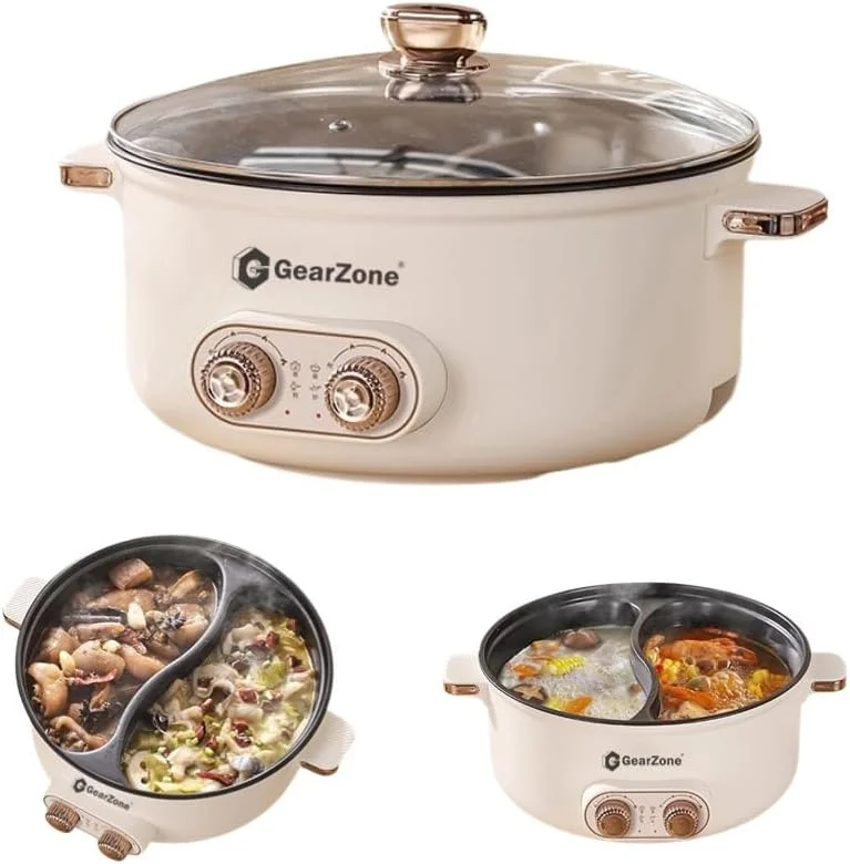 دیگ پخت و پز برقی چند منظوره GearZone با ظرفیت بزرگ 6.5 لیتری و توان 1600 وات، دیگ دوقلو با کنترل دمای مستقل، تابه برقی، تابه سرخ کردنی، مناسب برای نودل، تخم مرغ، استیک، سوپ