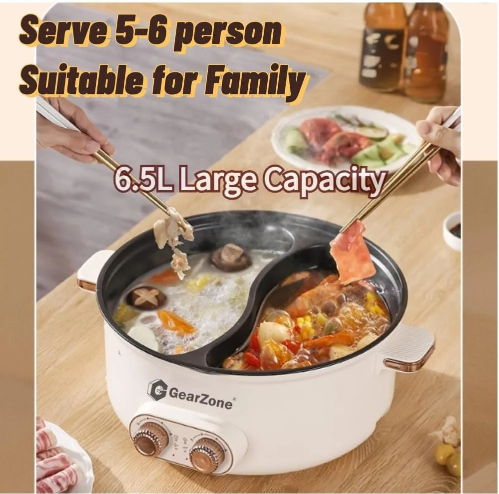دیگ پخت و پز برقی چند منظوره GearZone با ظرفیت بزرگ 6.5 لیتری و توان 1600 وات، دیگ دوقلو با کنترل دمای مستقل، تابه برقی، تابه سرخ کردنی، مناسب برای نودل، تخم مرغ، استیک، سوپ