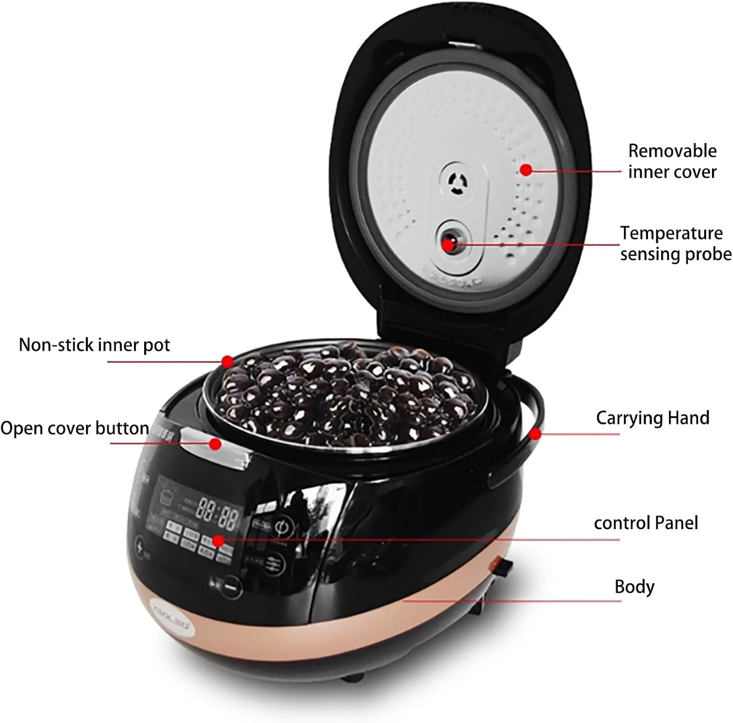 دیگ مروارید تمام اتوماتیک 5 لیتری، صفحه لمسی، گرم نگهدارنده: 9 ساعت، جوشاندن مرواریدها به مدت 40 دقیقه، پروب هوشمند دما/بدون سرریز، برای مکان های متعدد غذاخوری، 5 لیتر