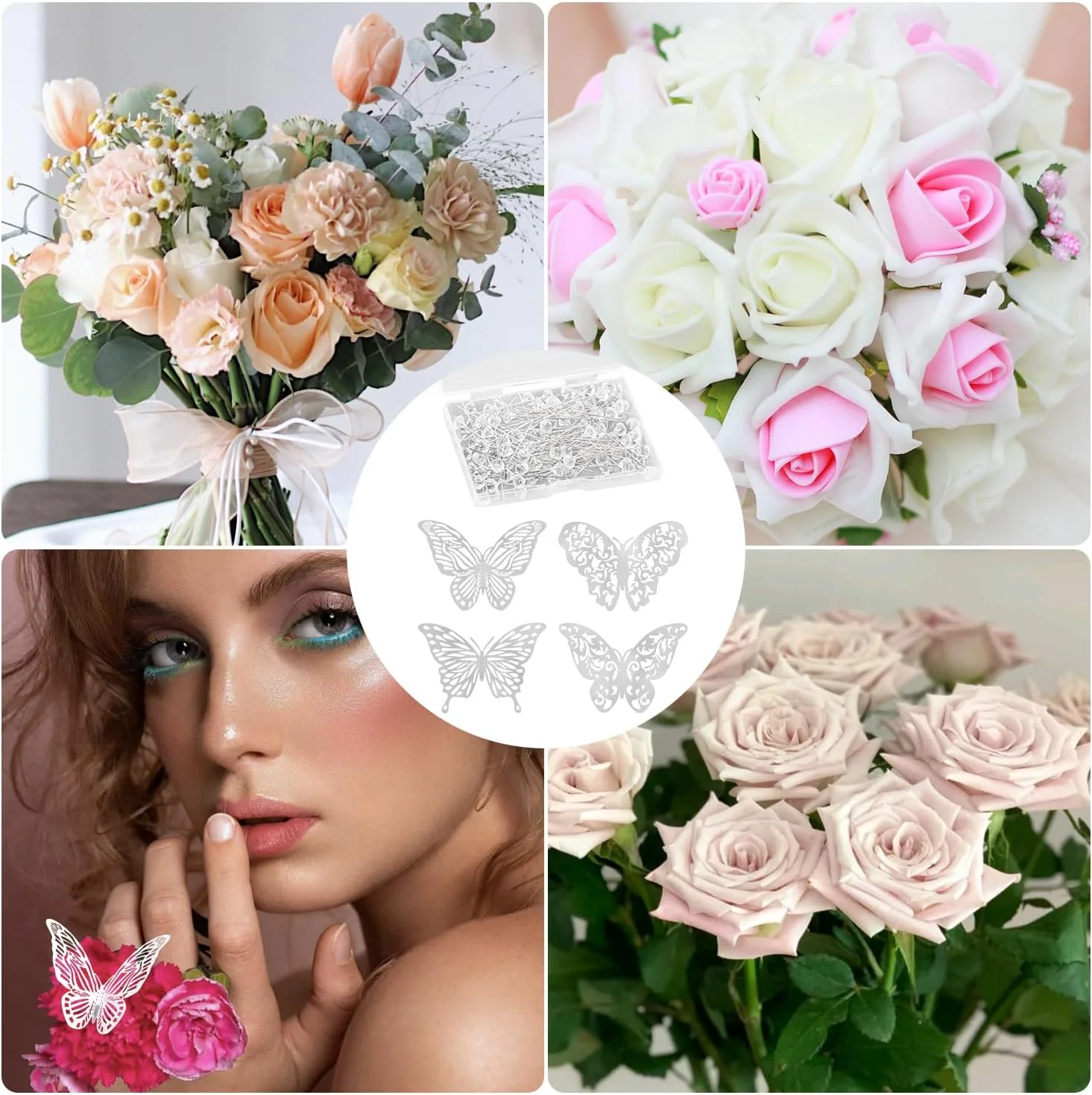 ست 100 عددی سنجاق سینه گل عروسی، 48 عدد دکور دیواری پروانه ای نقره ای سه بعدی، سنجاق های الماس گل نقره ای، دکوراسیون برچسب دیواری پروانه ای سه بعدی برای عروسی، جشن تولد، ولنتاین