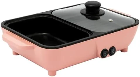 هات پات برقی 2 در 1 با گریل، مینی هات پات و تابه، قابلمه شیشه‌ای نچسب شیشه‌ای و تابه گریل با کنترل دمای دوگانه، هات پات چند منظوره برای مهمانی های داخلی