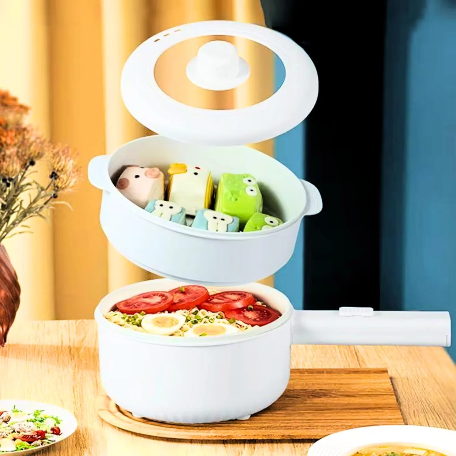 دیگ برقی با بخارپز، پلوپز چند منظوره، تابه برقی، قابلمه، تابه سرخ کن، نچسب، برای نودل، رامن، برنج سرخ شده، تخم مرغ، استیک، تفت دادن، بخارپز و سوپ برای خوابگاه و اداره (2 لیتر)