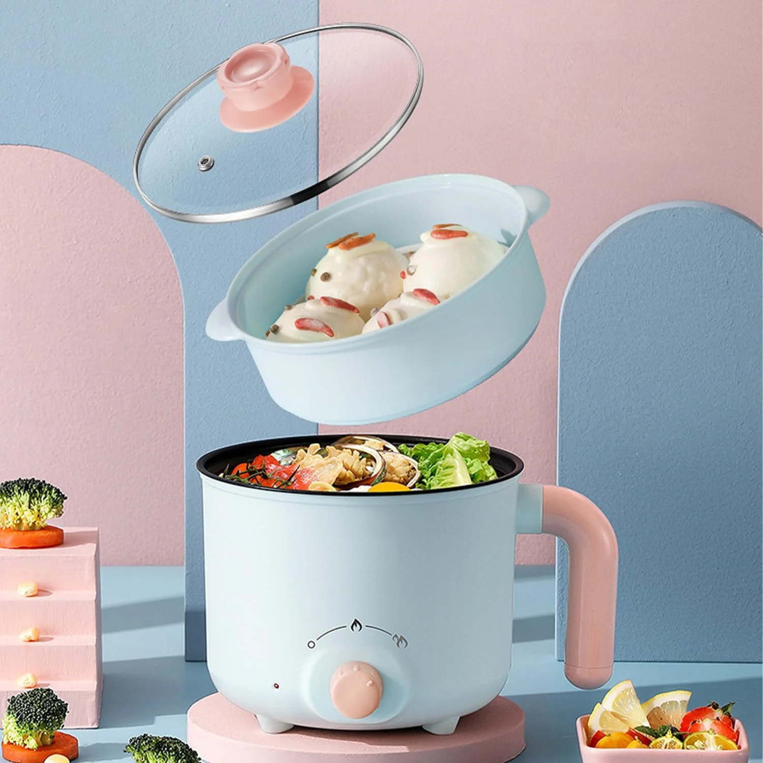 دیگ برقی، دیگ برقی چند منظوره کوچک 1.8 لیتری برای شابو-شابو، سرخ کردن، نودل، پاستا، تابه نچسب برای تفت دادن، دیگ رامن با کنترل دوگانه قدرت برای خوابگاه و دفتر
