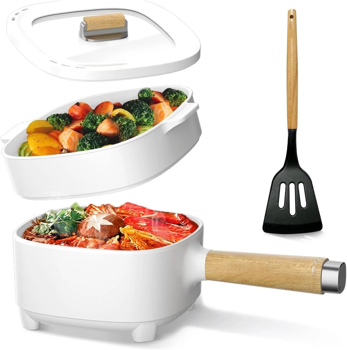 هات پات برقی 2 لیتری، تابه نچسب با روکش سرامیکی 8 اینچی، پلوپز مسافرتی قابل حمل برای رامن/استیک/برنج سرخ شده/جو دوسر/سوپ، با کنترل دوگانه قدرت (شامل کفگیر سیلیکونی)
