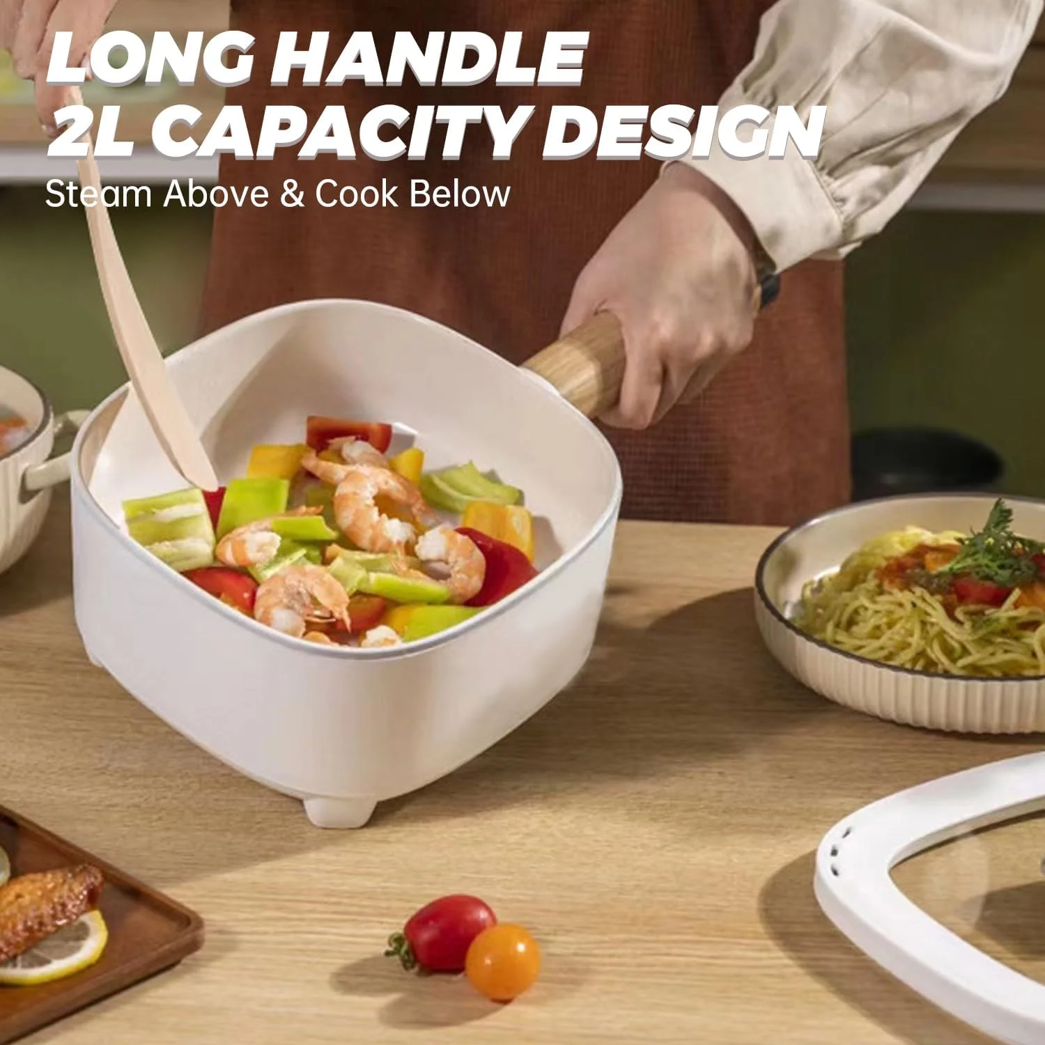 هات پات برقی 2 لیتری، تابه نچسب با روکش سرامیکی 8 اینچی، پلوپز مسافرتی قابل حمل برای رامن/استیک/برنج سرخ شده/جو دوسر/سوپ، با کنترل دوگانه قدرت (شامل کفگیر سیلیکونی)