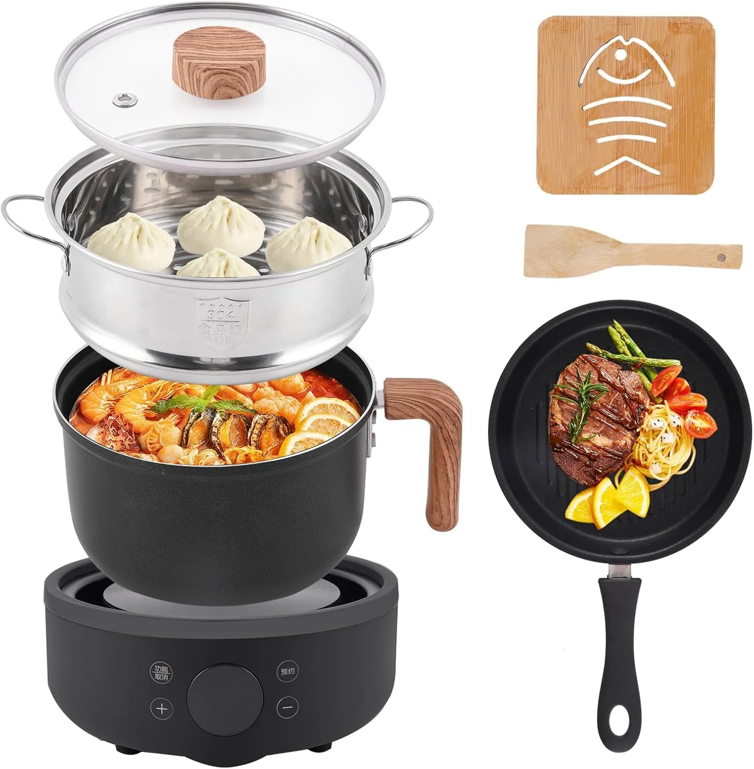 زودپز برقی کوچک، قابلمه سرامیکی نچسب 1.8 لیتری با بخارپز، تابه چند منظوره 800 واتی برای خورشت، رامن، پاستا و سوپ، ایده آل برای خانه، خوابگاه و مسافرت