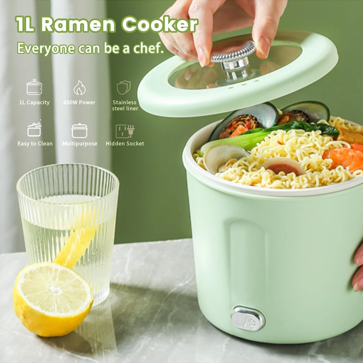 دیگ برقی، مینی پز رامن 1 لیتری، پز نودل سریع 450 واتی، دیگ برقی چند منظوره برای پخت پاستا، تخم مرغ، سوپ، دیگ قابل حمل با محافظت در برابر گرمای بیش از حد برای خوابگاه، دفتر، مسافرت