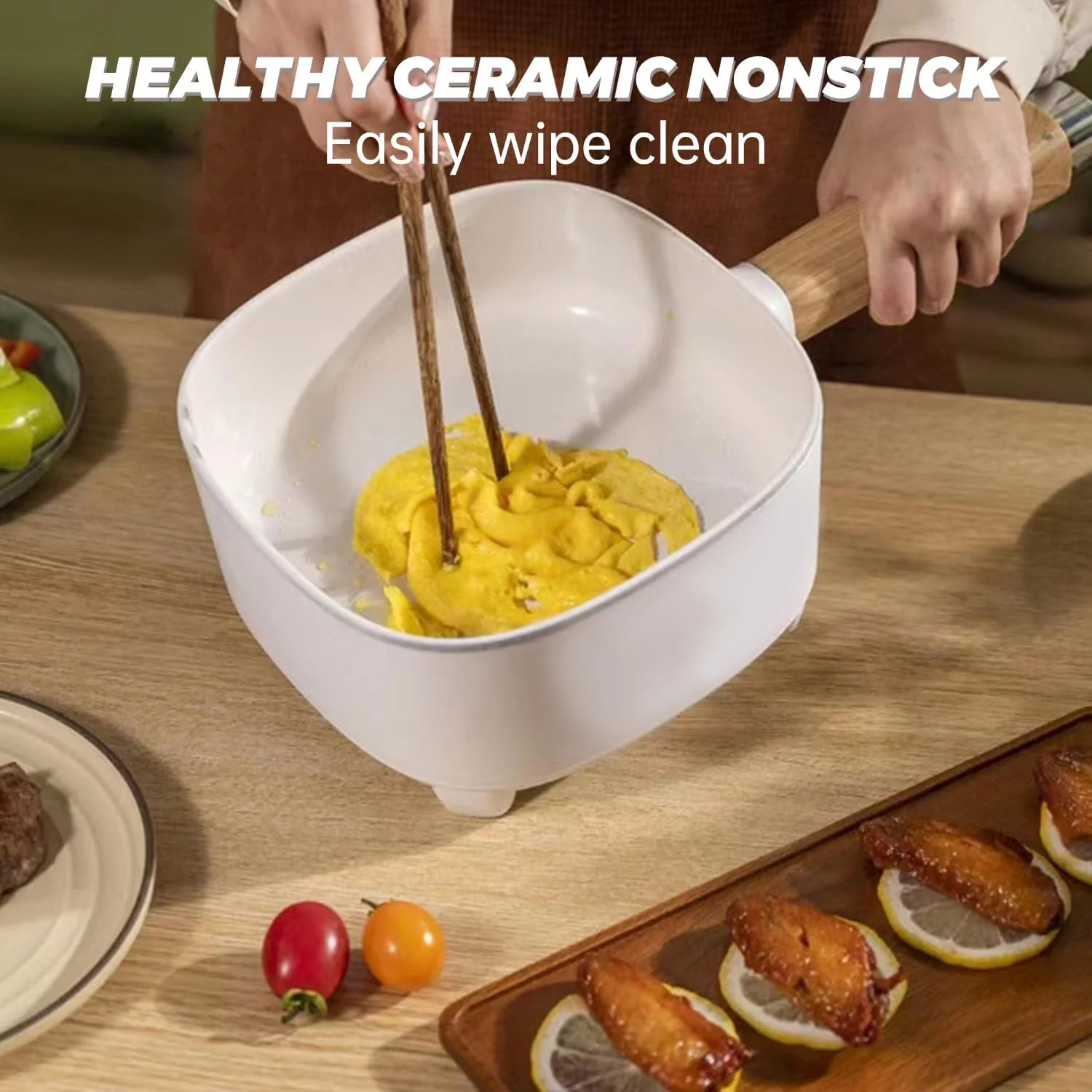 هات پات برقی 2 لیتری، تابه نچسب با روکش سرامیکی 8 اینچی، پلوپز مسافرتی قابل حمل برای رامن/استیک/برنج سرخ شده/جو دوسر/سوپ، با کنترل دوگانه قدرت (شامل کفگیر سیلیکونی)