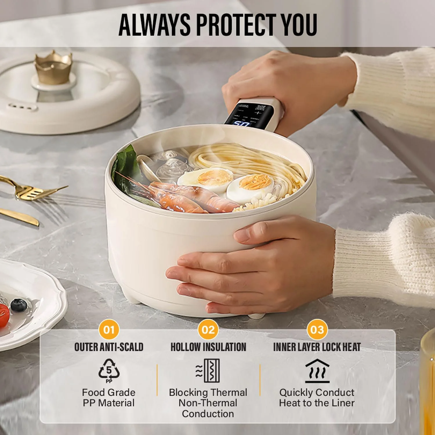 دیگ داغ دیجیتال 2 لیتری با کیفیت عالی، پخت و پز چند منظوره نچسب، تابه نچسب قابل حمل برای تفت دادن، ماهیتابه، تابه سرخ کردنی، قابلمه، برای نودل، برنج، بخارپز و سوپ (همراه با بخارپز)