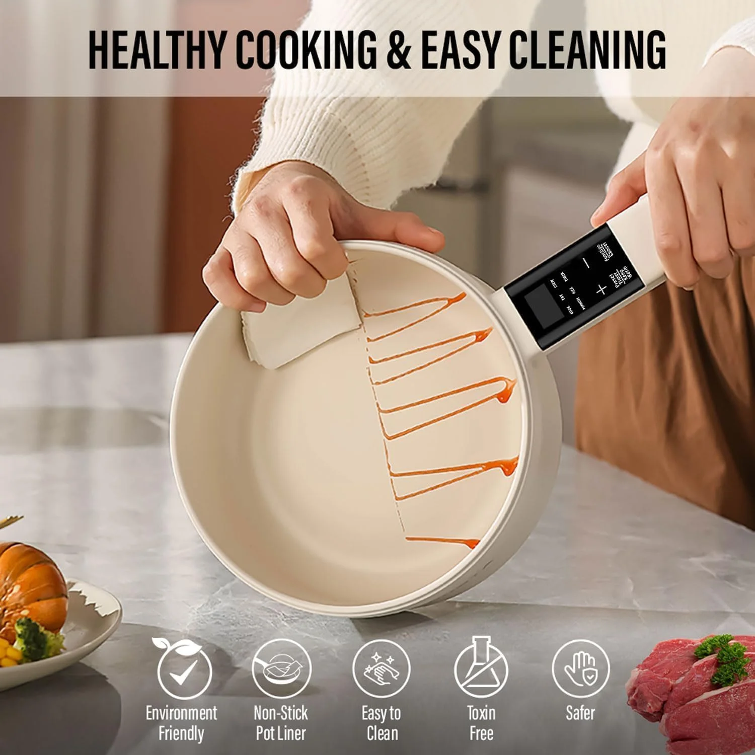 زودپز برقی چندکاره 2 لیتری، پلوپز کوچک، بخارپز، تابه سرخ کن، قابلمه برقی، تابه نچسب قابل حمل (لاینر مشکی + بخارپز)