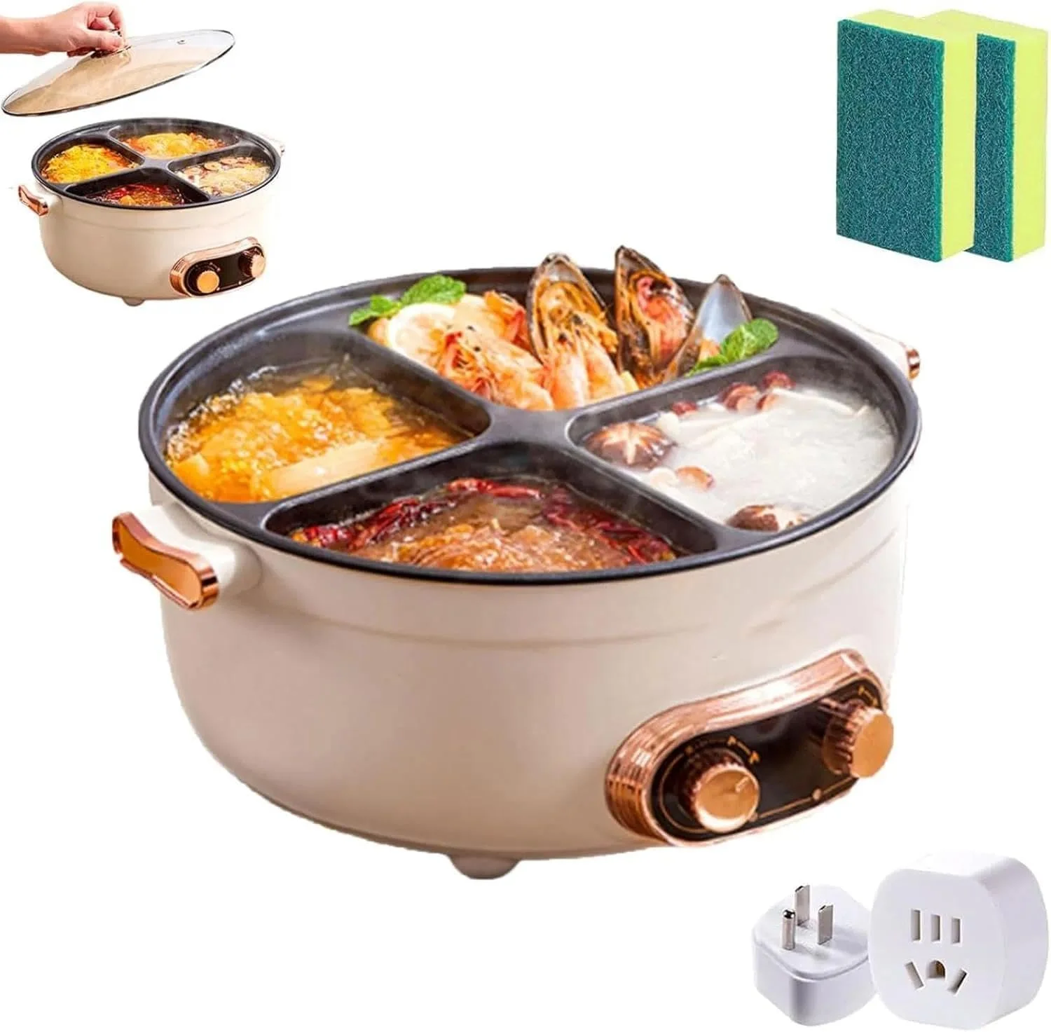 دیگ چند منظوره چهار خانه، اجاق برقی چهار شبکه ای چند منظوره، دیگ نچسب 4 قسمتی، ظرفیت بزرگ یکپارچه نچسب، کنترل دمای مستقل (#7L)