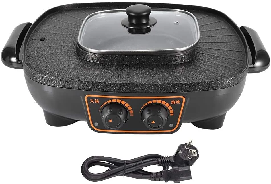 گریل برقی و هات پات JVAYJH، 2 در 1، 1900 وات، هات پات داخلی نچسب با BBQ، کنترل دمای دوگانه، گریل هات پات برقی چند منظوره با درب شیشه ای برای دورهمی های خانوادگی، باربیکیو داخلی