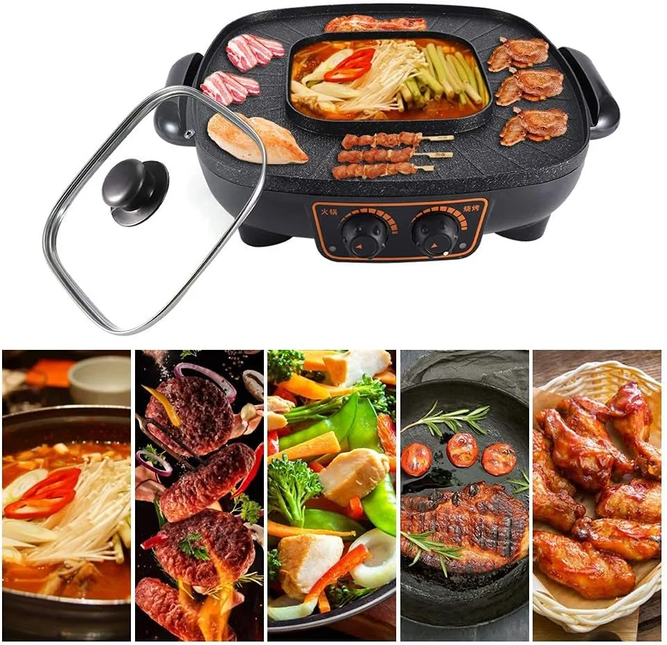 گریل برقی و هات پات JVAYJH، 2 در 1، 1900 وات، هات پات داخلی نچسب با BBQ، کنترل دمای دوگانه، گریل هات پات برقی چند منظوره با درب شیشه ای برای دورهمی های خانوادگی، باربیکیو داخلی