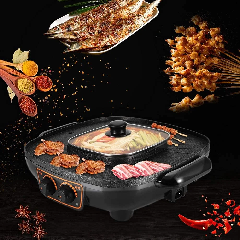 گریل برقی و هات پات JVAYJH، 2 در 1، 1900 وات، هات پات داخلی نچسب با BBQ، کنترل دمای دوگانه، گریل هات پات برقی چند منظوره با درب شیشه ای برای دورهمی های خانوادگی، باربیکیو داخلی