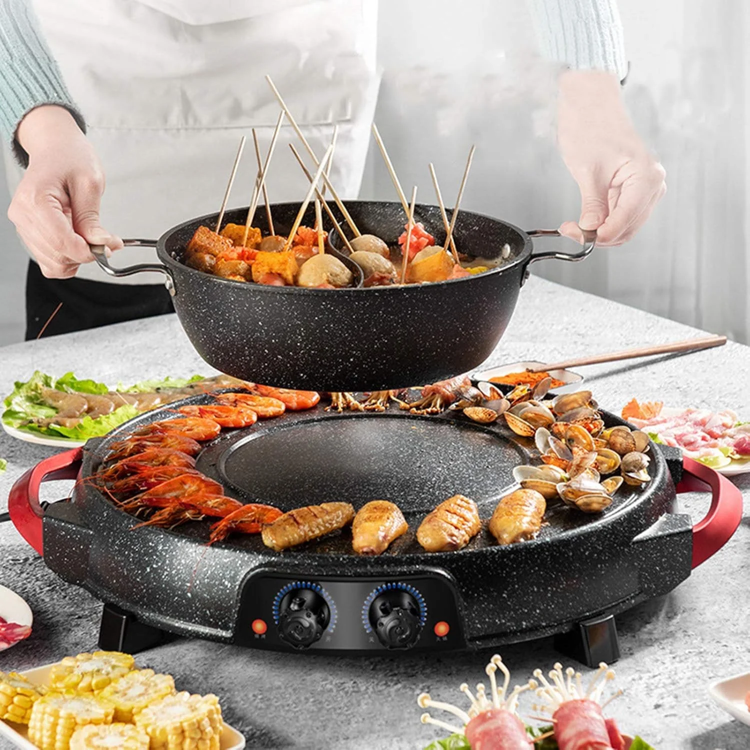 گریل و هات پات برقی JVAYJH - صفحه گریل، المنت حرارتی آلومینیومی، مدارهای گرمایشی کنترل شده جداگانه، تک قابلمه (قابلمه ایزوله)