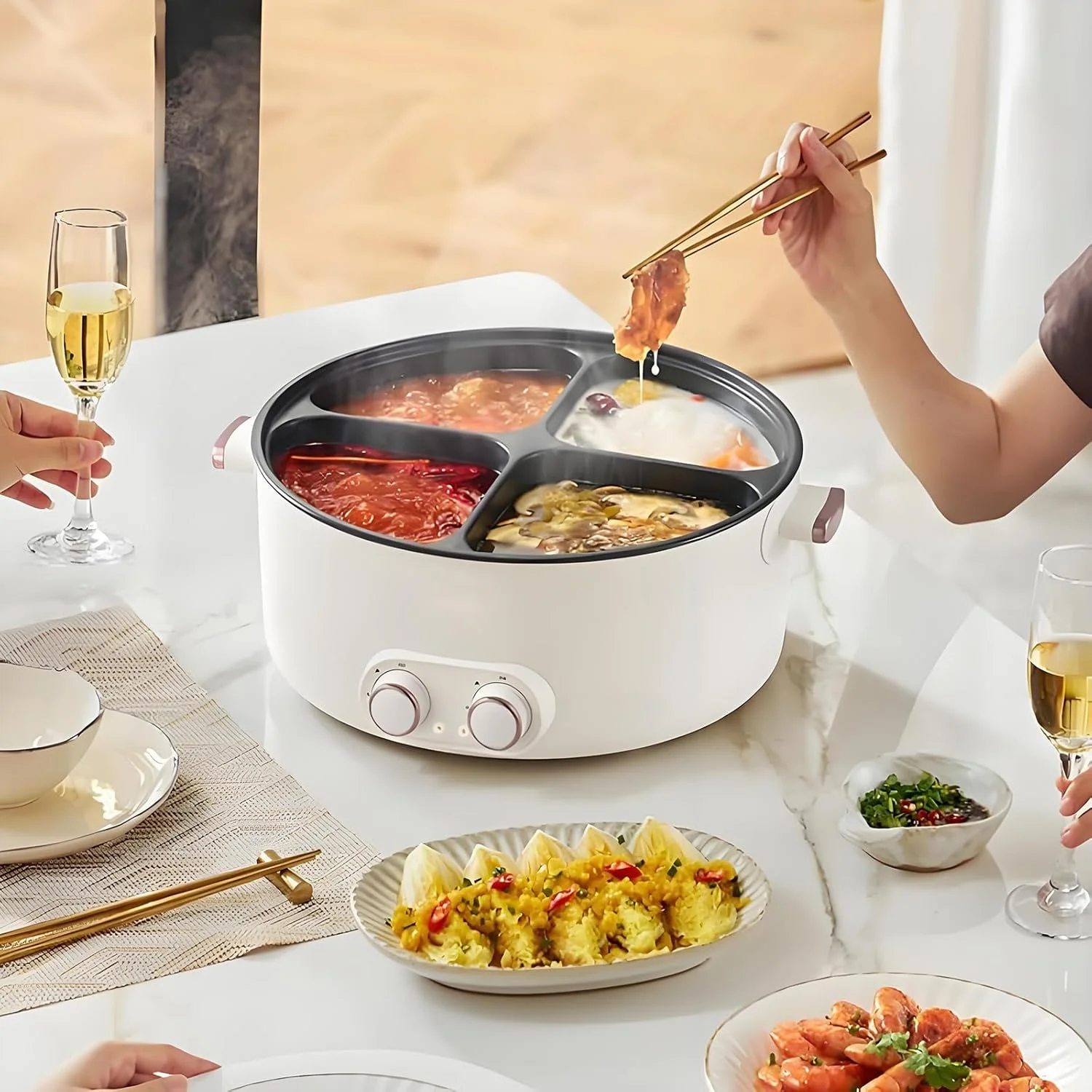 4-flavor Shabu Shabu Pot 2000w, 4 Compartment Electric Pots, 6l Multi-functional Household Hot Pot With Divider Plates, Adjustable Temp Control For Home Cooking Party