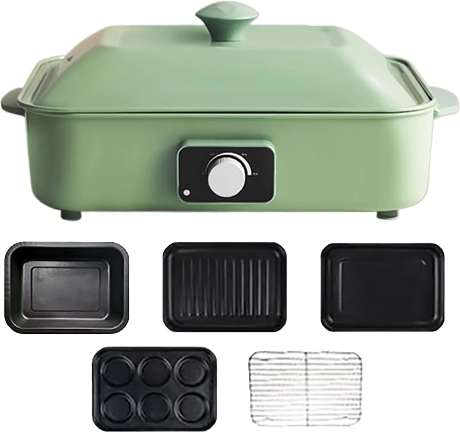 گریل برقی هات پات 4 در 1، باربیکیو بدون دود چند منظوره 1200 وات، هات پات، تابه نچسب با کنترل دما، تمیز کردن آسان، قابلمه پخت و پز چند منظوره، شام خانوادگی، قابلمه تنبل، سبز کمپ