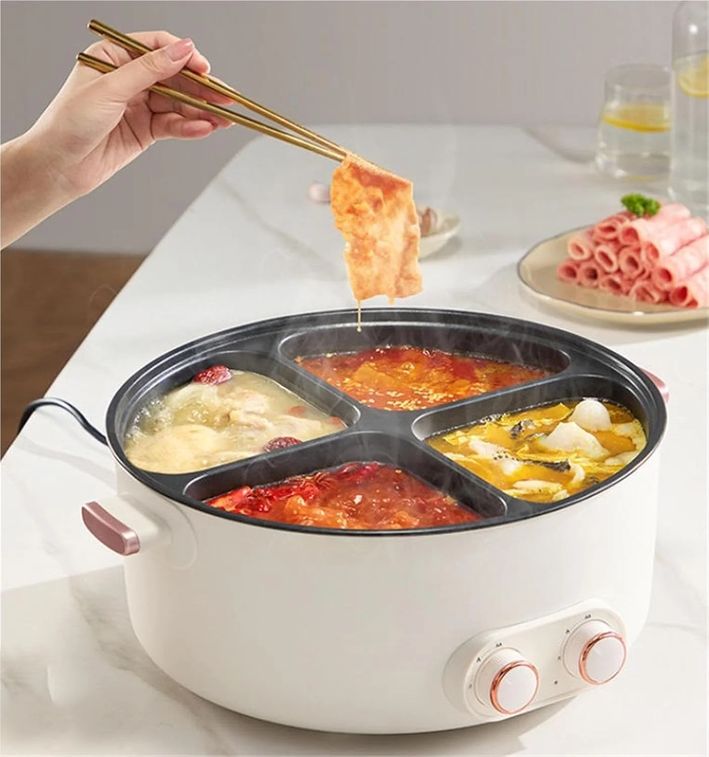 دیگ خورشت چند منظوره چهار خانه، دیگ برقی 4 قسمتی با جداکننده، دیگ برقی چند منظوره چهار خانه با ظرفیت بزرگ 6 لیتری و پوشش نچسب