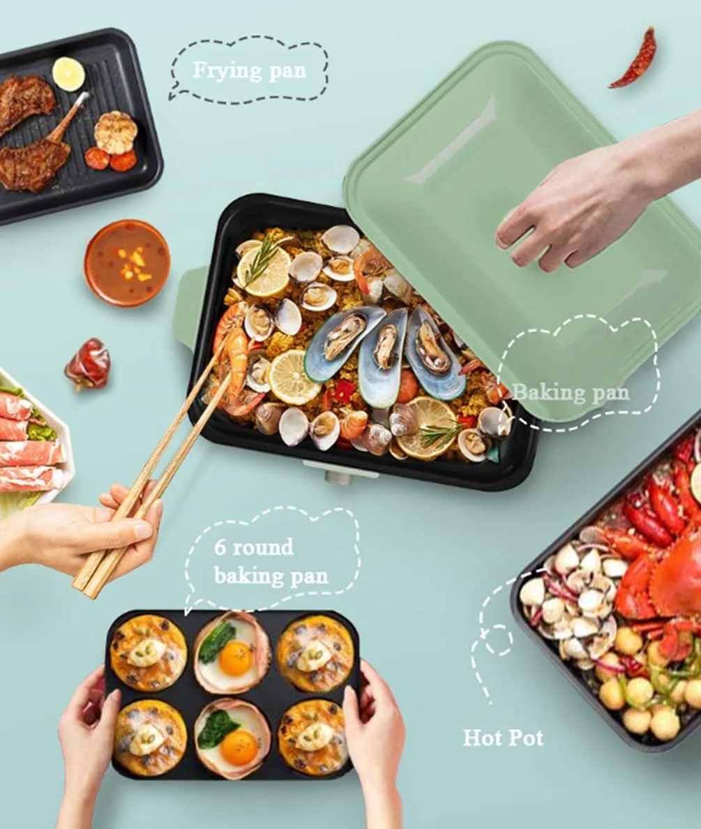 گریل برقی هات پات 4 در 1، باربیکیو بدون دود چند منظوره 1200 وات، هات پات، تابه نچسب با کنترل دما، تمیز کردن آسان، قابلمه پخت و پز چند منظوره، شام خانوادگی، قابلمه تنبل، سبز کمپ