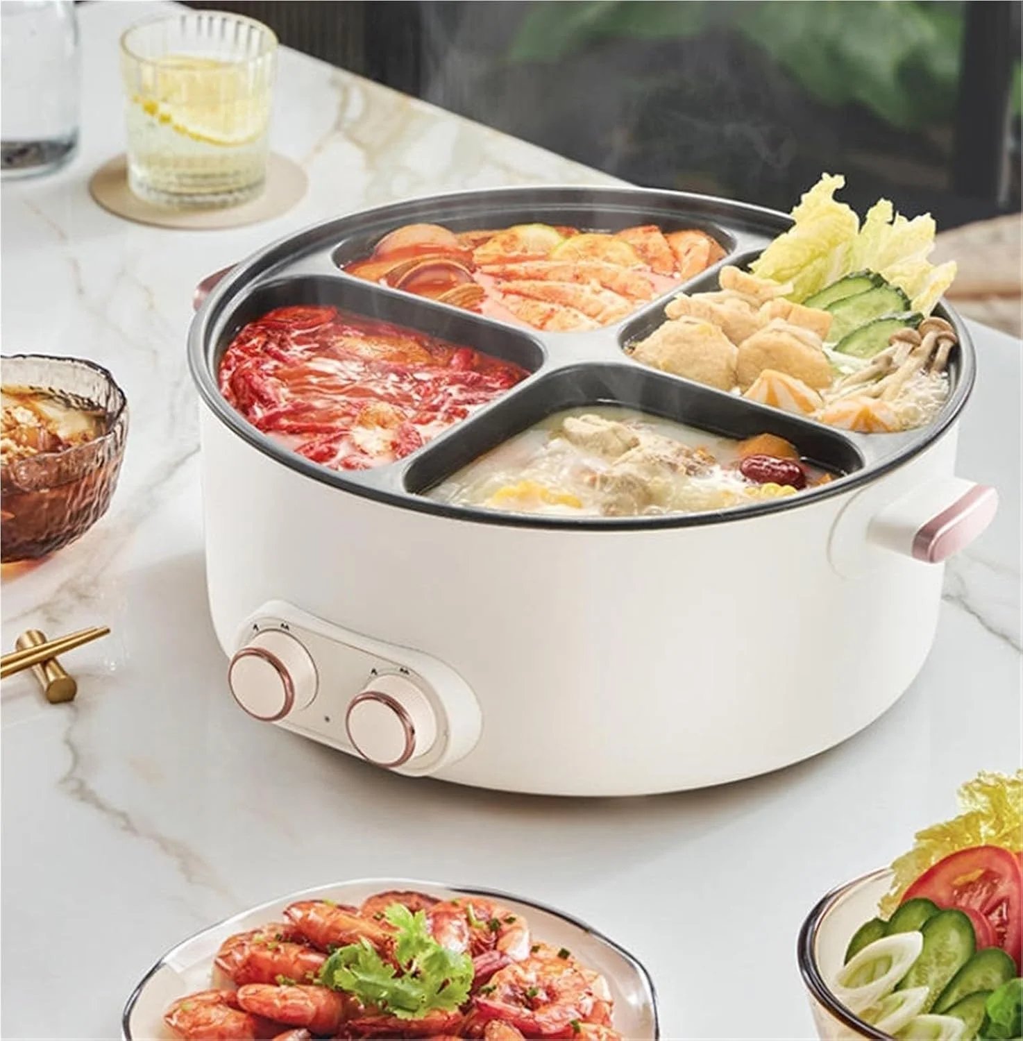 دیگ خورشت چند منظوره چهار خانه، دیگ برقی 4 قسمتی با جداکننده، دیگ برقی چند منظوره چهار خانه با ظرفیت بزرگ 6 لیتری و پوشش نچسب