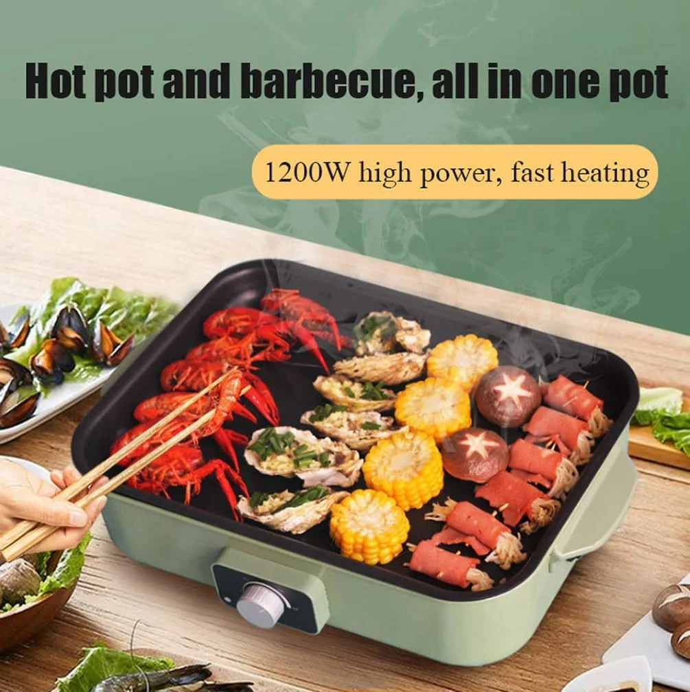 گریل برقی هات پات 4 در 1، باربیکیو بدون دود چند منظوره 1200 وات، هات پات، تابه نچسب با کنترل دما، تمیز کردن آسان، قابلمه پخت و پز چند منظوره، شام خانوادگی، قابلمه تنبل، سبز کمپ