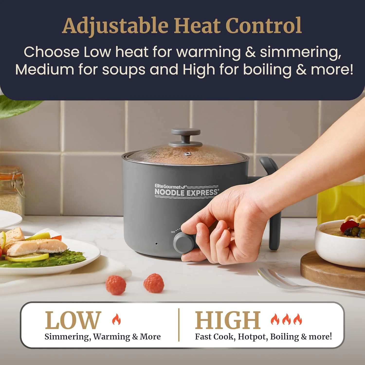 هات پات الیت گورمت NOODLE EXPRESS™، مناسب برای تهیه رامن، برنج، سوپ، خورشت، جوشاندن آب، دارای فضای داخلی استیل ضد زنگ، درب شیشه ای، تنظیمات زیاد/کم/خاموش، خاکستری