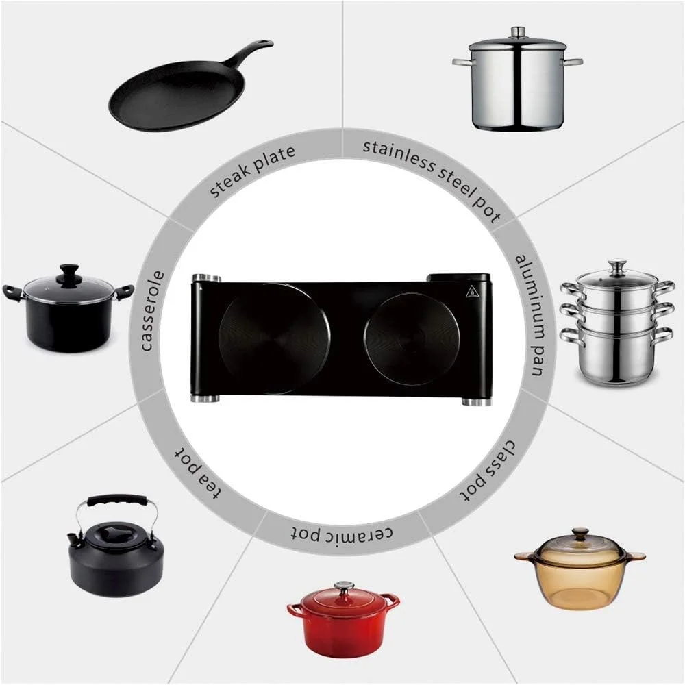 اجاق گاز دو شعله CUSIMAX، اجاق برقی قابل حمل 2500 وات برای پخت و پز، اجاق برقی با 2 صفحه گرمایش چدنی، سازگار با همه ظروف پخت و پز، اجاق برقی با کنترل دما، مشکی