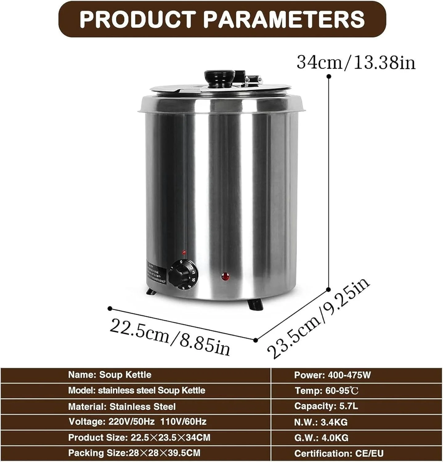 دیگ سوپ تجاری 400 واتی، قابلمه گرم کننده برقی سوپ استیل ضد زنگ 5.7 لیتری برای بوفه رستوران مهمانی، با دمای قابل تنظیم 60-95 درجه سانتیگراد، دیگ داخلی و درب