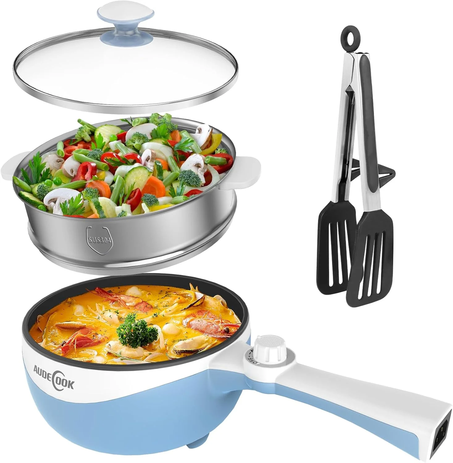Audecook Electric Hot Pot with Steamer, 1.7L/20cm Multi-Functional Cooker Non-Stick Frying Pan Portable Electric Skillet for Dorm Office for Ramen, Steak, Sauté and Steam (G(blue/1.7L with steamer))