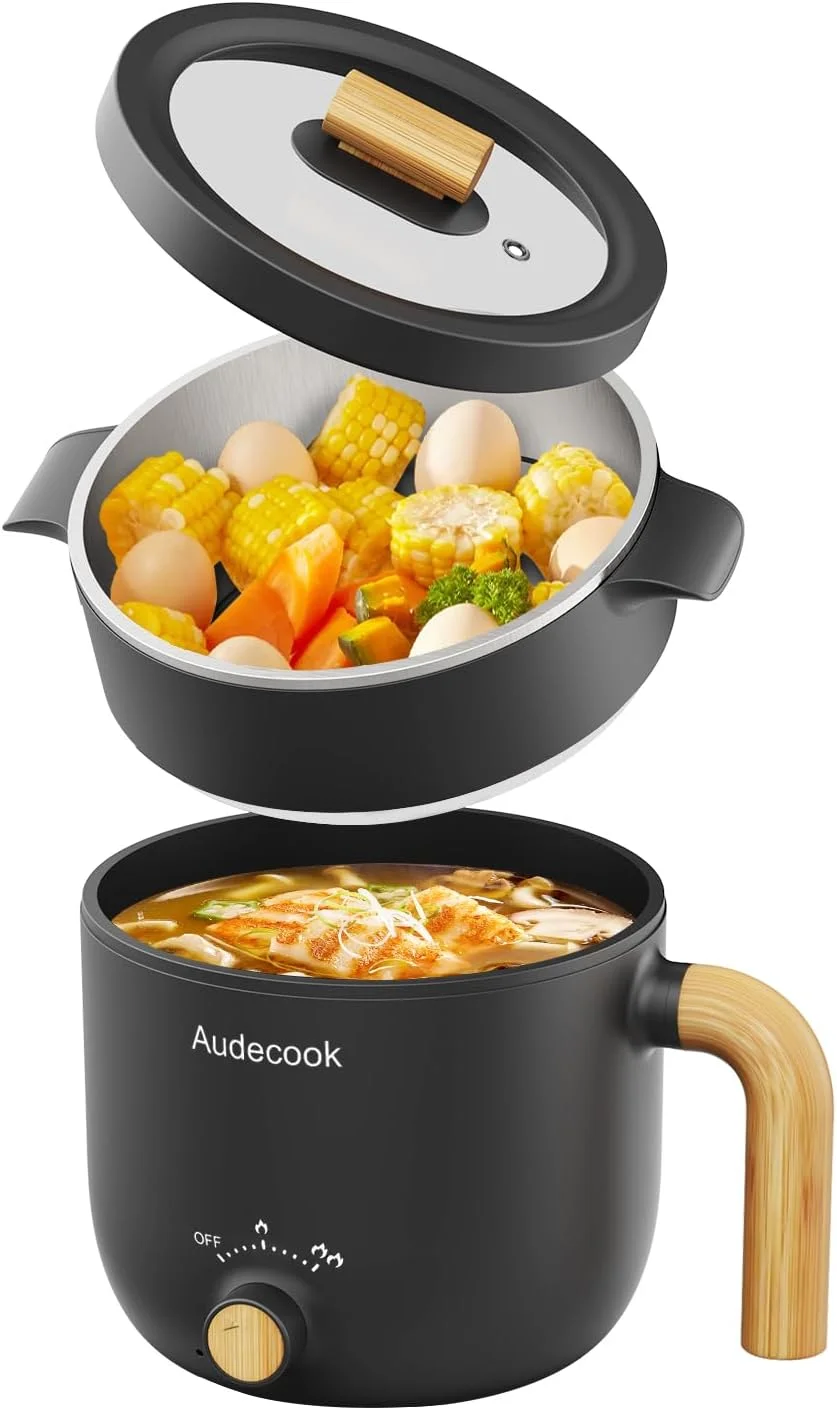 Audecook Electric Hot Pot with Steamer, 1.5L Portable Rapid Mini Cooker, Multifunctional Non-Stick Electric Skillet for Stir Fry/Stew/Steam (black)