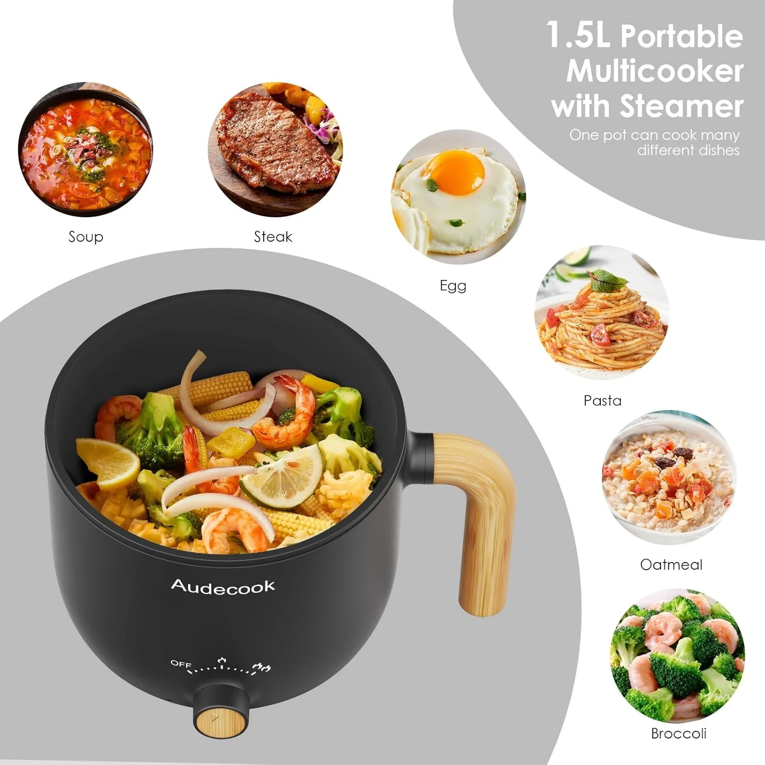 Audecook Electric Hot Pot with Steamer, 1.5L Portable Rapid Mini Cooker, Multifunctional Non-Stick Electric Skillet for Stir Fry/Stew/Steam (black)