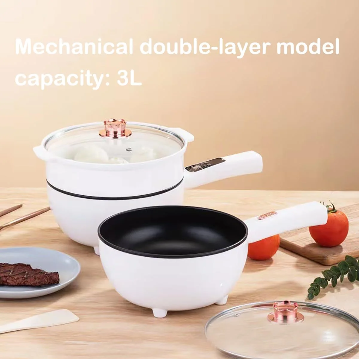 دیگ برقی AUTOYSUR، پلوپز رامن با کنترل دوگانه قدرت، چند منظوره سریع نچسب با درب، کنترل دما 2 حالته، برای رامن، فرنی، نودل، تخم مرغ، استیک، تفت دادن، بخارپز و سوپ (3 لیتر)