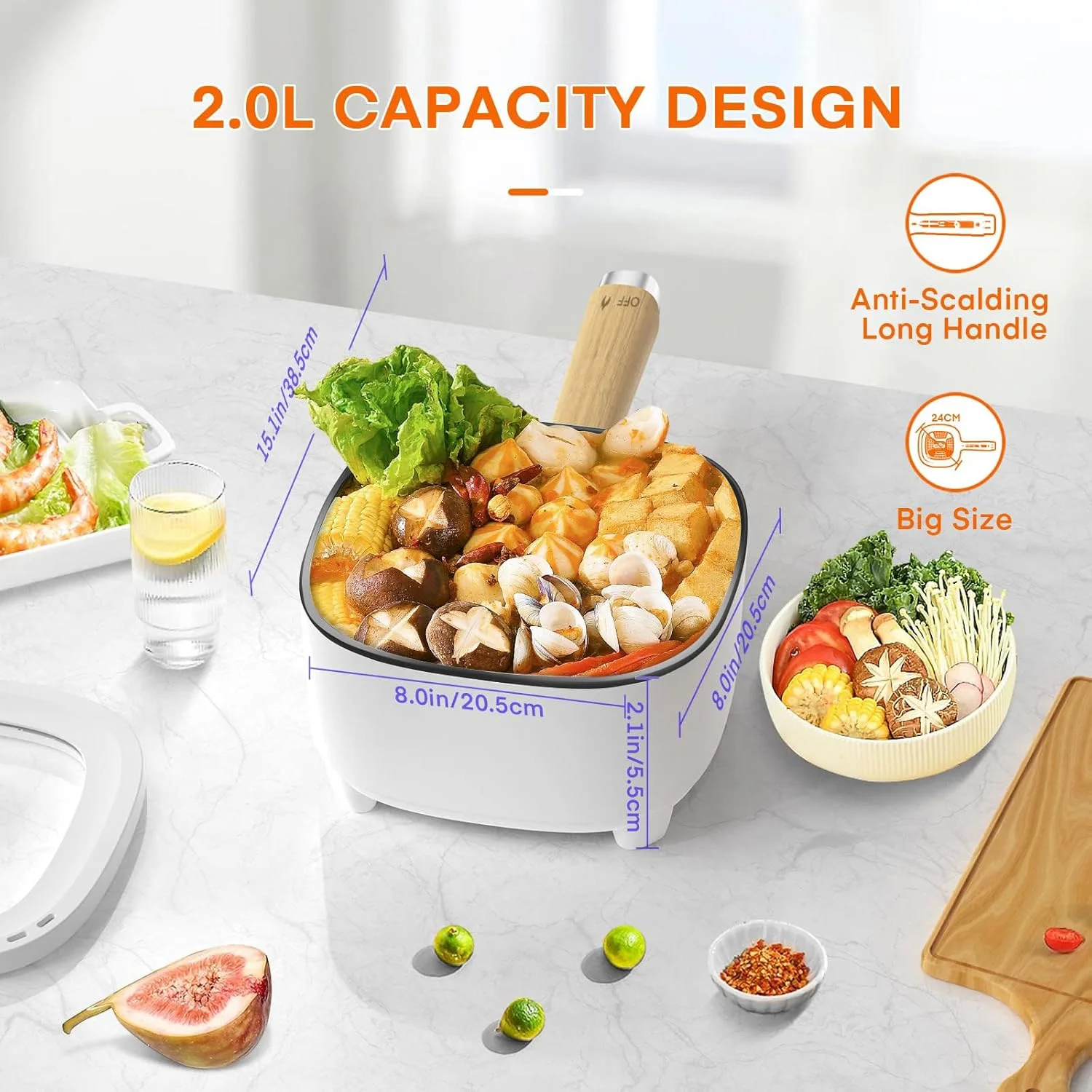 دیگ برقی Audecook، تابه نچسب با روکش سرامیکی، چندکاره قابل حمل برای رامن، استیک، تخم مرغ، برنج سرخ شده، بلغور جو دوسر، سوپ، 350 وات/800 وات (سفید/2 لیتر بدون بخارپز)