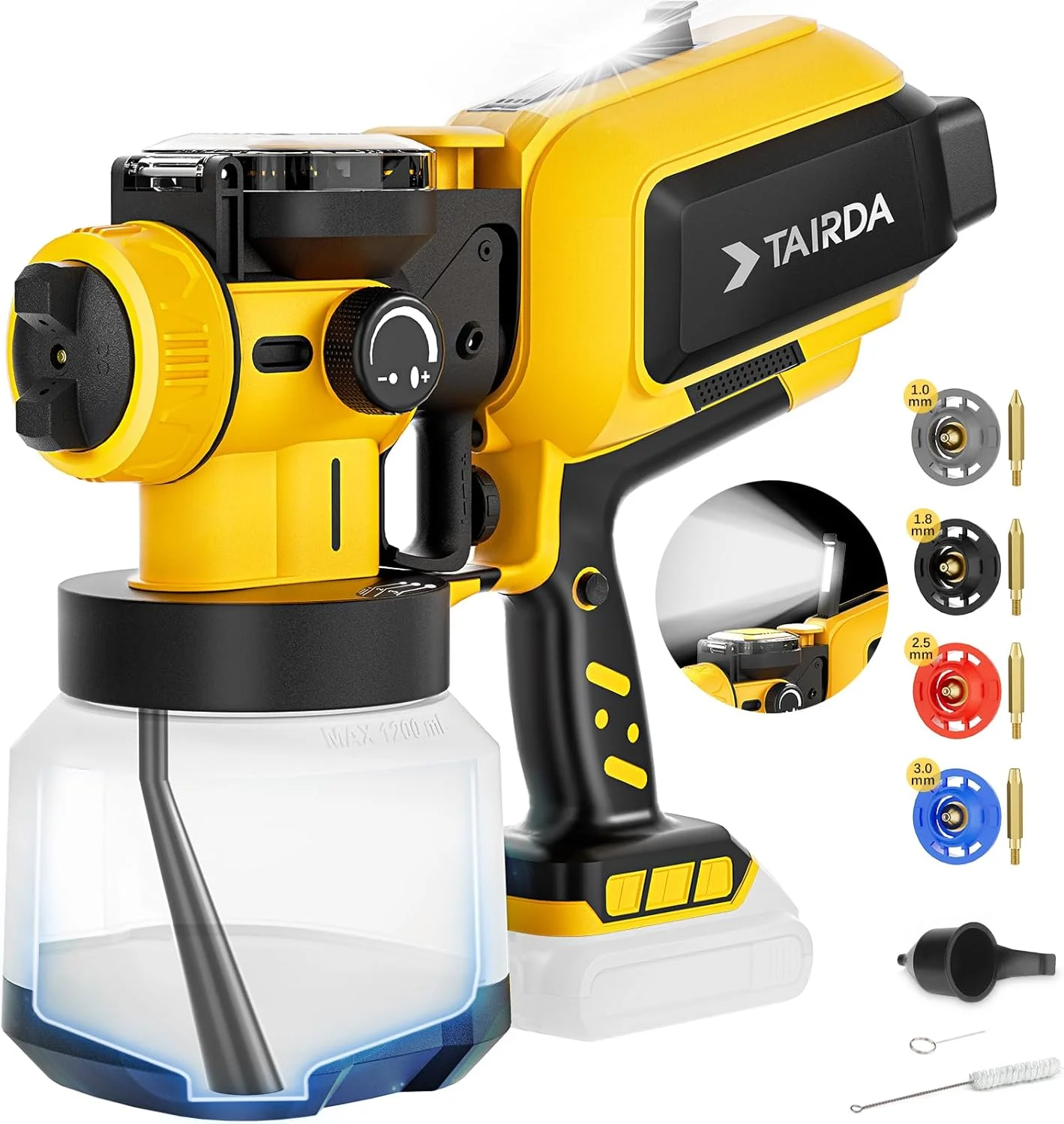 دستگاه رنگ پاش اتوماتیک TAIRDA سازگار با باتری 20 ولت Dewalt (بدون باتری)، رنگ پاش برقی HVLP بی سیم با قابلیت پاشش خودکار، موتور براشلس، چراغ LED، برای رنگ آمیزی حصار، مبلمان، دیوارها (فقط ابزار)