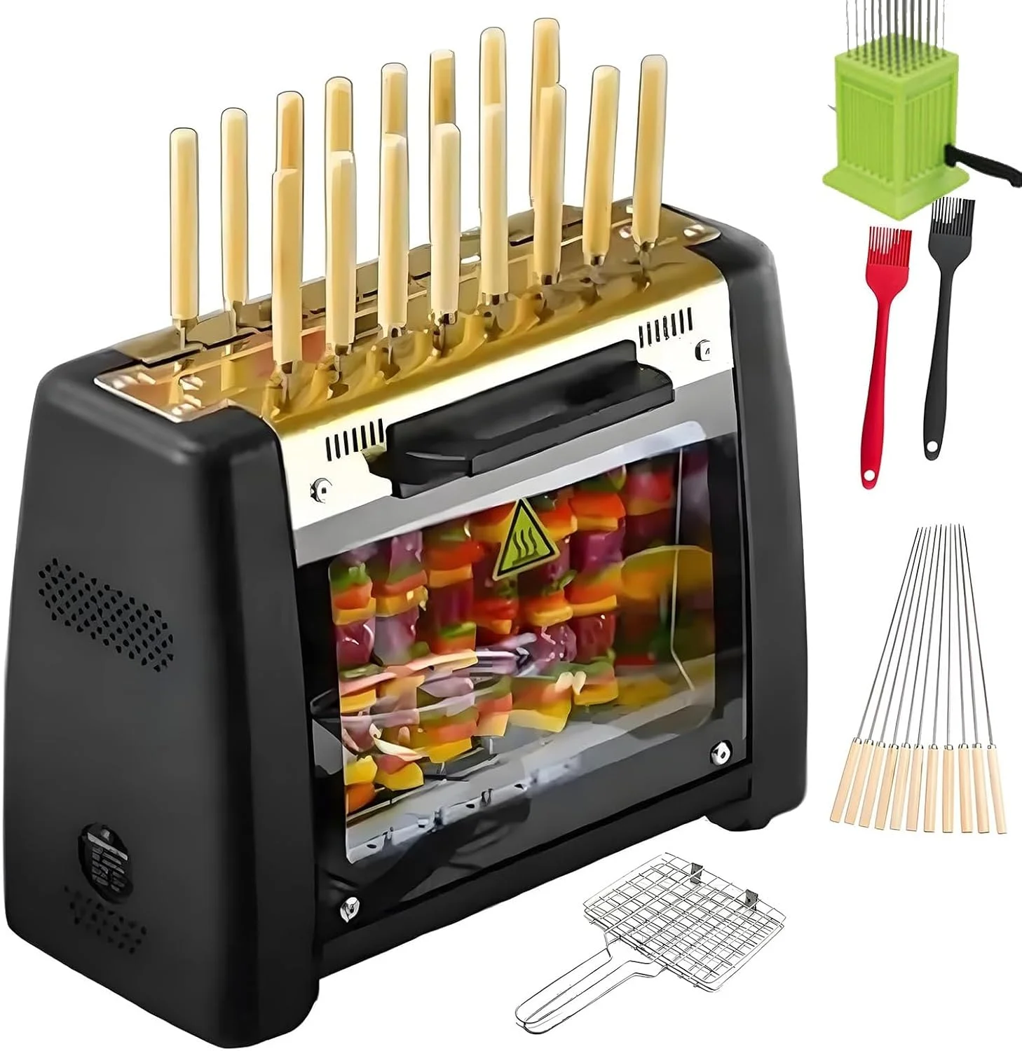 باربیکیو برقی چرخشی، گریل عمودی با چرخش اتوماتیک 360 درجه، 1200 وات بدون دود با تایمر و طعم دهنده مرکزی، کنترل دوگانه دما، شیشه شفاف (32B)