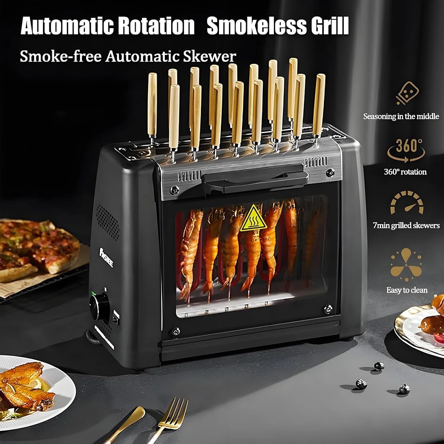باربیکیو برقی چرخشی، گریل عمودی با چرخش اتوماتیک 360 درجه، 1200 وات بدون دود با تایمر و طعم دهنده مرکزی، کنترل دوگانه دما، شیشه شفاف (32B)